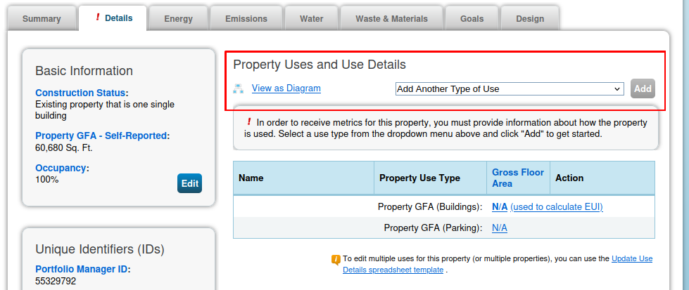 ESPM Screenshot of Property Uses
